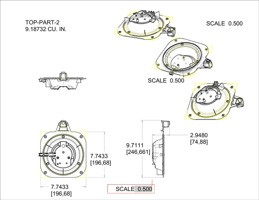Engineering drawing of a molded part with dimensions