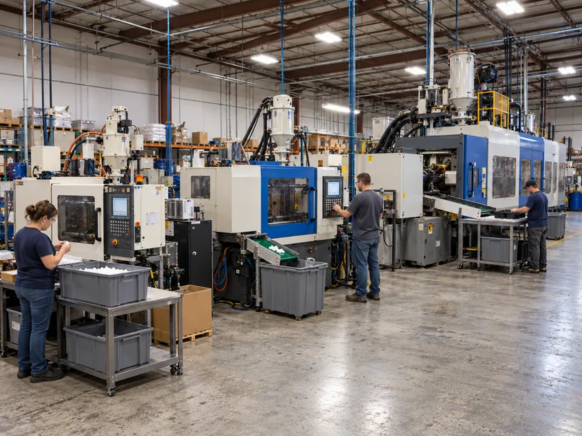 Injection molding machines on a production floor