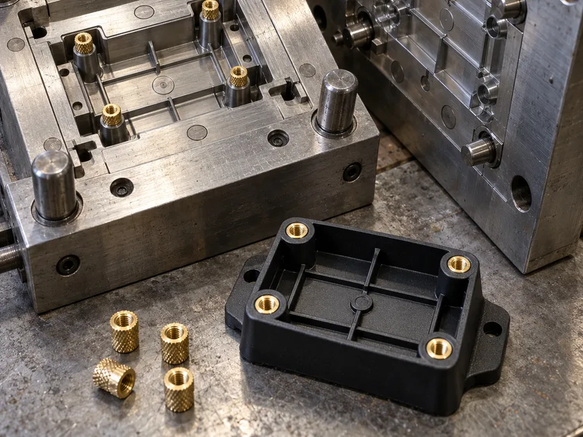Open injection mold with brass inserts and a molded bracket