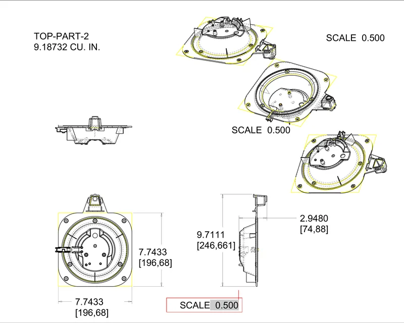Engineering drawing of a molded part with dimensions